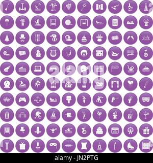100 amusement icons set purple Stock Vector