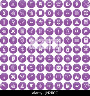 100 archeology icons set purple Stock Vector