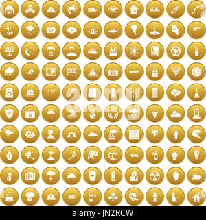 100 disaster icons set gold Stock Vector