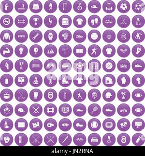 100 athlete icons set purple Stock Vector