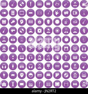100 audience icons set purple Stock Vector