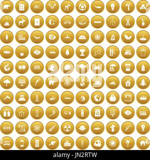 100 eco icons set gold Stock Vector