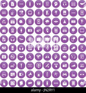 100 audio icons set purple Stock Vector