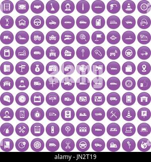 100 auto icons set purple Stock Vector