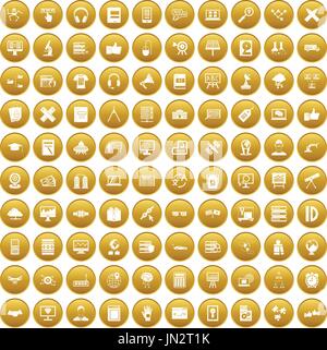 100 education technology icons set gold Stock Vector
