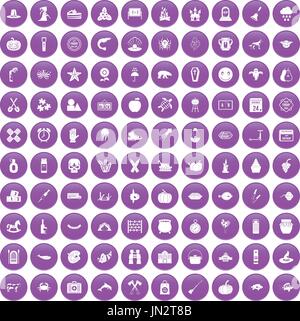 100 autumn holidays icons set purple Stock Vector