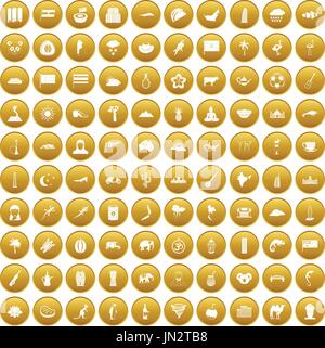 100 exotic animals icons set gold Stock Vector