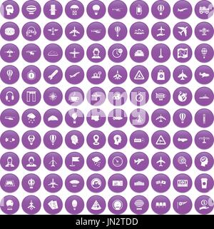 100 aviation icons set purple Stock Vector