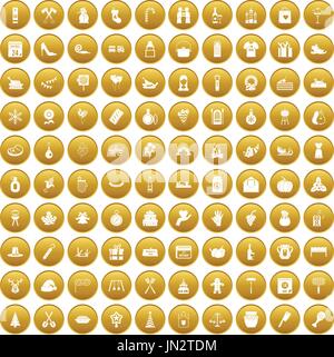 100 family tradition icons set gold Stock Vector