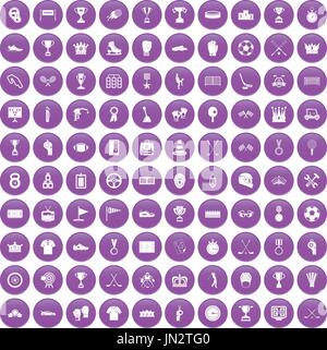 100 awards icons set purple Stock Vector