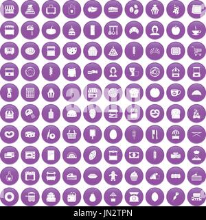 100 bakery icons set purple Stock Vector