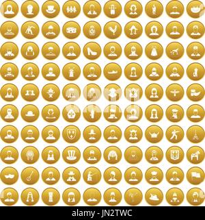 100 folk icons set gold Stock Vector