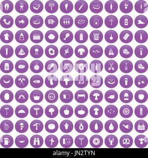 100 barbecue icons set purple Stock Vector