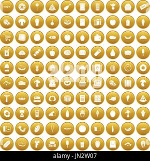 100 food shopping icons set gold Stock Vector