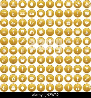 100 fruit party icons set gold Stock Vector