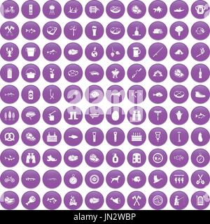 100 BBQ icons set purple Stock Vector