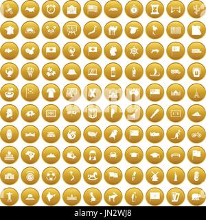 100 geography icons set gold Stock Vector