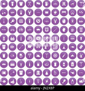 100 beer icons set purple Stock Vector