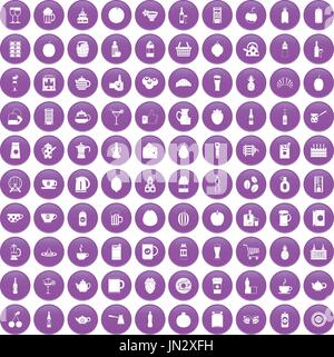 100 beverage icons set purple Stock Vector