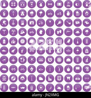 100 bicycle icons set purple Stock Vector