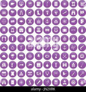 100 binoculars icons set purple Stock Vector