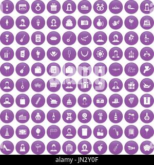100 birthday icons set purple Stock Vector