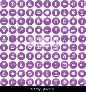 100 breakfast icons set purple Stock Vector