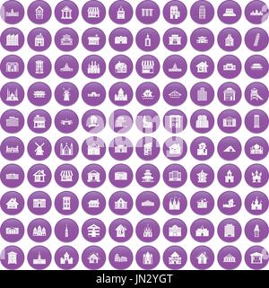 100 building icons set purple Stock Vector