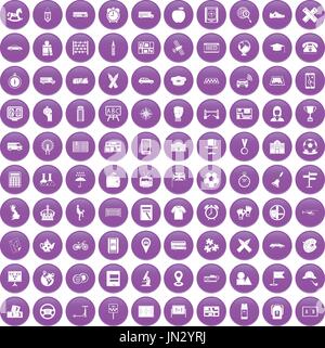 100 bus icons set purple Stock Vector