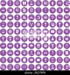 100 business icons set purple Stock Vector