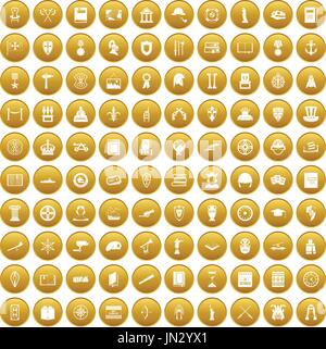 100 history icons set gold Stock Vector
