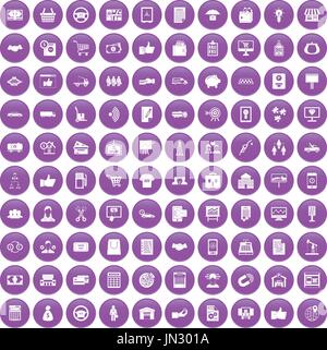 100 business icons set purple Stock Vector