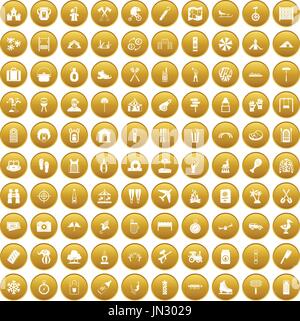 100 holidays family icons set gold Stock Vector