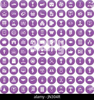 100 business career icons set purple Stock Vector