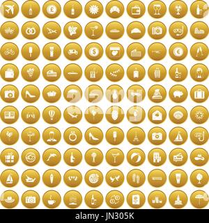 100 honeymoon icons set gold Stock Vector