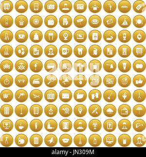 100 hotel services icons set gold Stock Vector