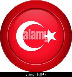 Flag button design. Turkish flag on the round button. Isolated template for your designs. Vector illustration. Stock Vector