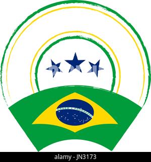 Flag and stamp design. Retro stamp with Brazilian flag on white background. Isolated template for your designs. Vector illustration. Stock Vector