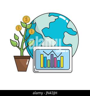 global negotiation with coins plant and statistic bar Stock Vector