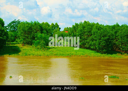 Lawns and trees on the bank of the river flow through the village Stock Photo