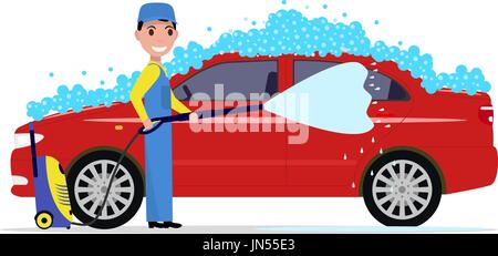 Vector illustration of a cartoon man washes a car Stock Vector