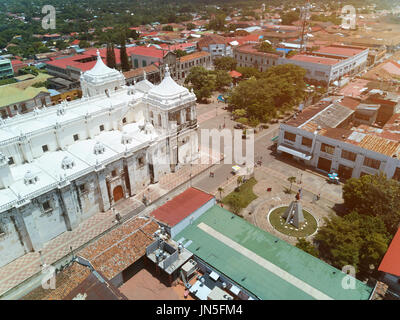 Cathedral  with white roof in Leon Nicaragua. Center park in Leon Stock Photo