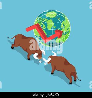 Flat 3d isometric bulls fighting with world and growth graph. Bullish stock market and financial concept. Stock Vector