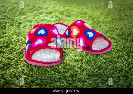 pair of women's Slippers under a warm room light from the window. Pink slippers on green doormat background. The comfort of home. Stock Photo
