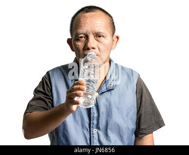 Portrait of a happy mature man drinking water. Isolated on white background with copy space Stock Photo
