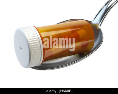 Biox with pills and capsules  in the spoon. Pharmacy diet nutrition and medication concept. 3d illustration Stock Photo