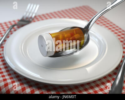 Pills in the plate with fork and spoon. Pharmacy diet nutrition concept. 3d illustration Stock Photo