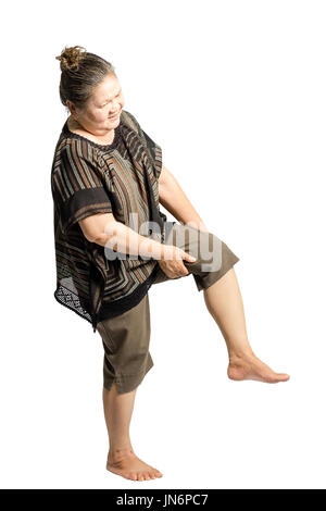 portrait of a senior woman having a knee pain. Isolated on white background with clipping path Stock Photo