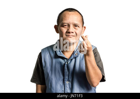 Portrait of a senior man making a heart with his hands. Isolated on white background with copyspace and clipping path Stock Photo