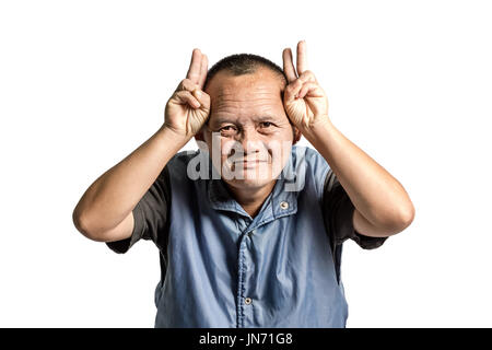 Portrait of a senior man making a victory sign with his hands. Isolated on white background with copyspace and clipping path Stock Photo